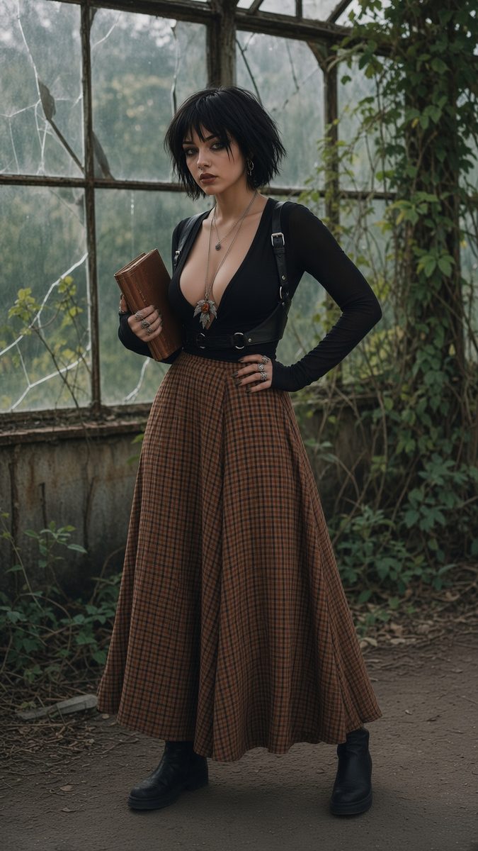 Gothic woman holding book in an overgrown greenhouse