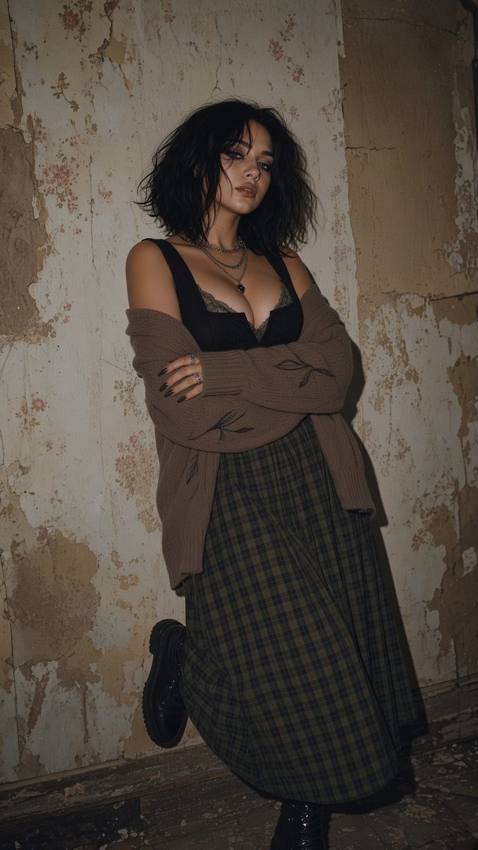 Woman in layered outfit against peeling floral wallpaper