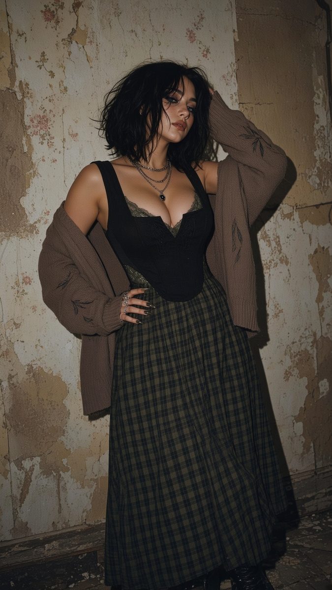 Woman in layered gothic outfit against peeling floral wallpaper
