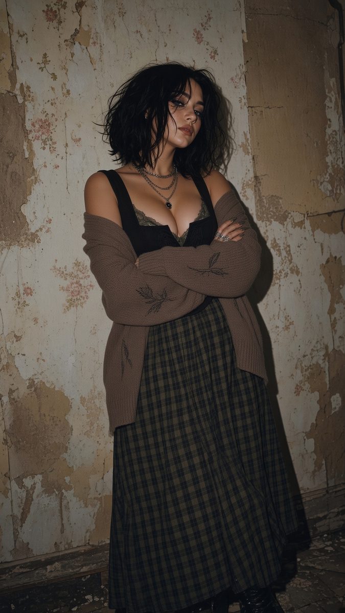 Woman posing against peeling floral wallpaper in layered outfit