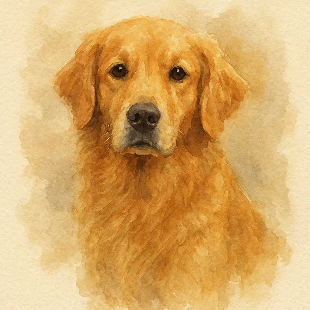 Watercolour cartoon portrait of the same golden retriever