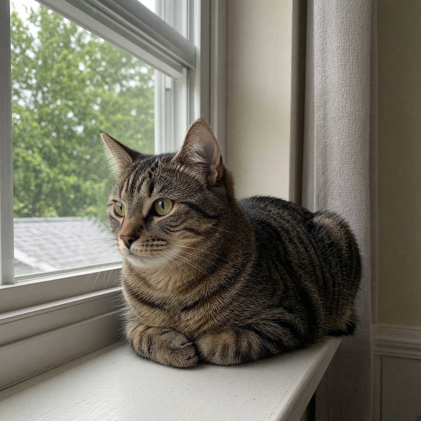 Original phone photo of a tabby cat on a windowsill