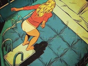 Cartoon woman diving onto bed, saying Friday.